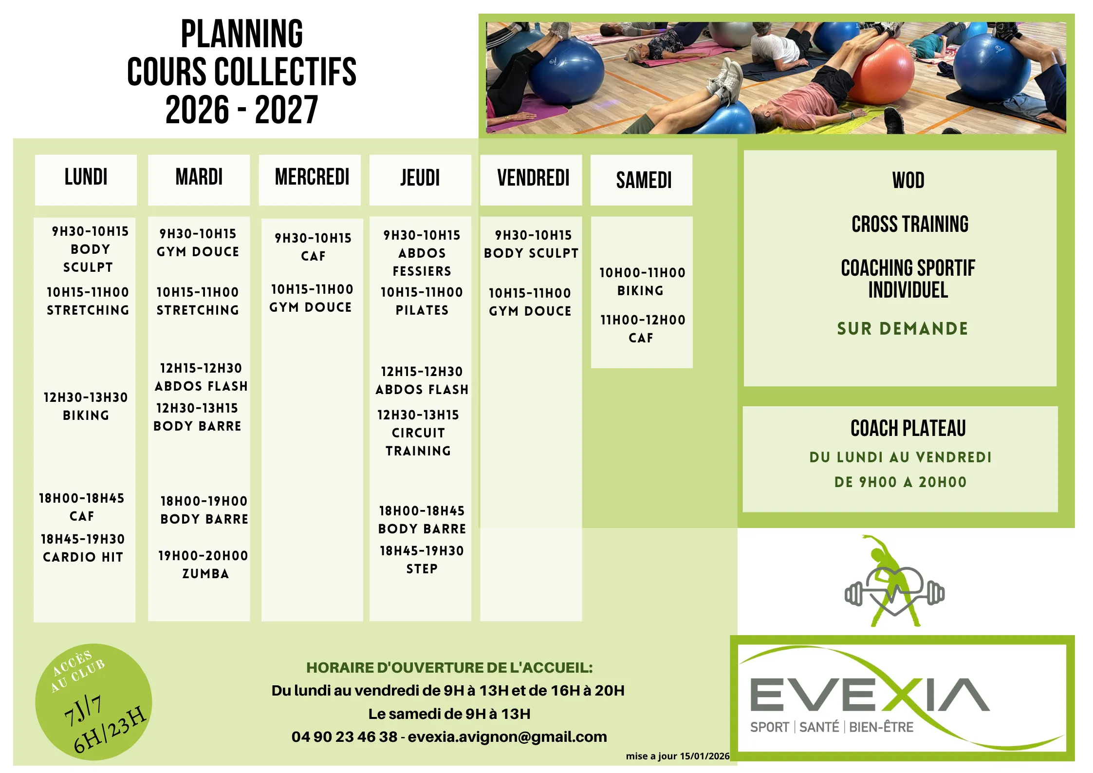 PLanning cours de sport collectif chez EVEXIA à Avignon